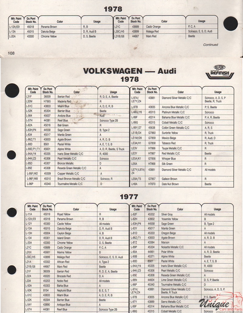 1978 Volkswagen Paint Charts DuPont International 1